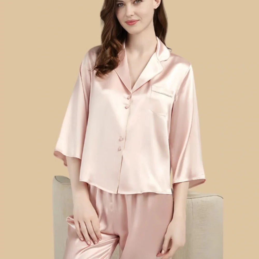 100% Mulberry Silk 19Momme Three-quarters Sleeve Women&
