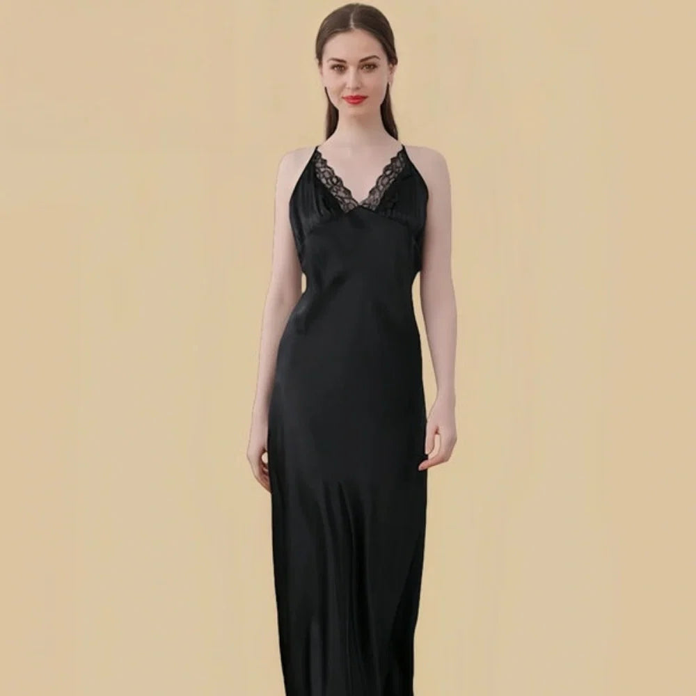 100% Mulberry Silk 19Momme V-Neck Maxi Nightgown with Lace Cross Back Design