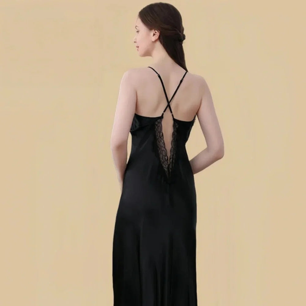100% Mulberry Silk 19Momme V-Neck Maxi Nightgown with Lace Cross Back Design