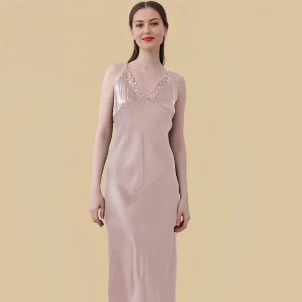 100% Mulberry Silk 19Momme V-Neck Maxi Nightgown with Lace Cross Back Design