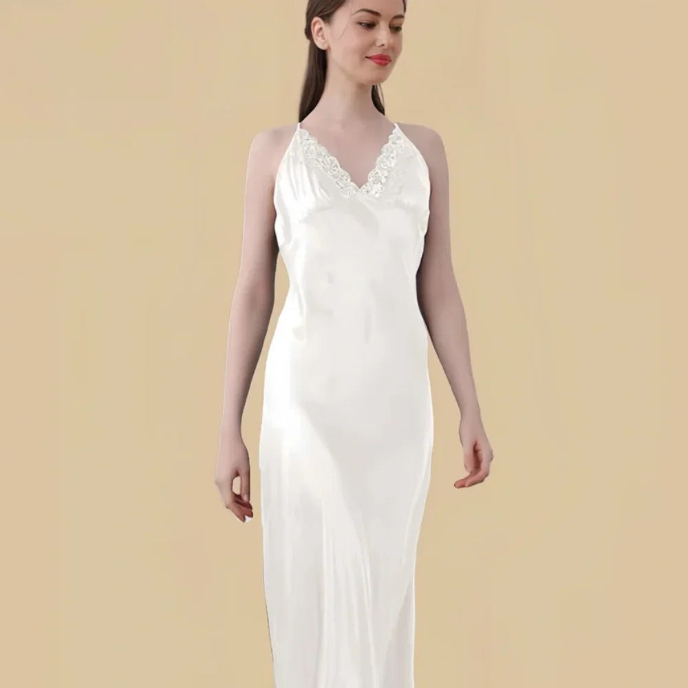 100% Mulberry Silk 19Momme V-Neck Maxi Nightgown with Lace Cross Back Design
