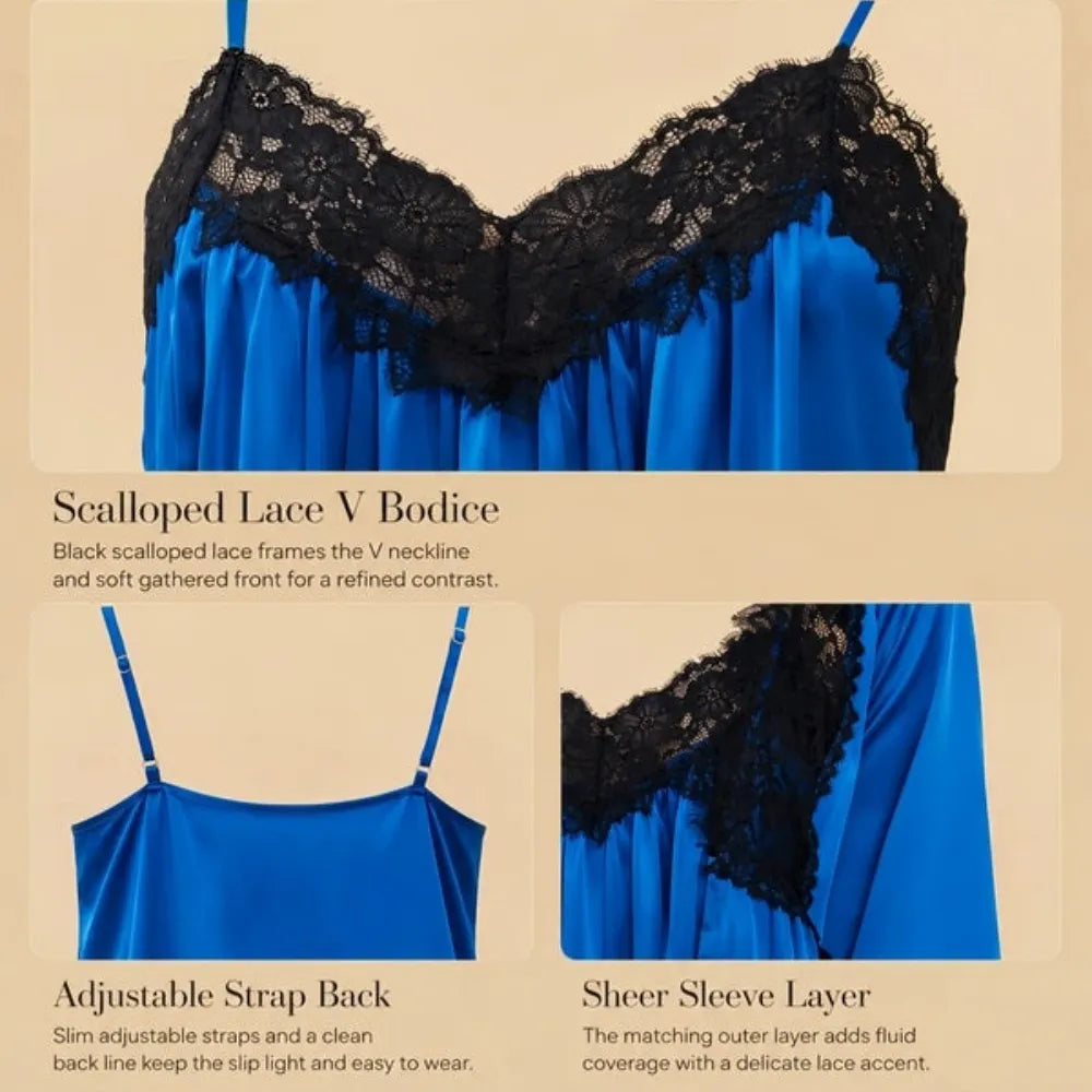 100% Mulberry Silk 19Momme V-Neck Midi Nightgown & Robe with Lace Design