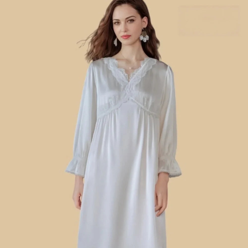 100% Mulberry Silk 19Momme V-Neck Midi Nightgown with Lace Trim and Flared Cuffs