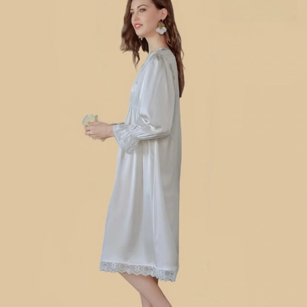 100% Mulberry Silk 19Momme V-Neck Midi Nightgown with Lace Trim and Flared Cuffs