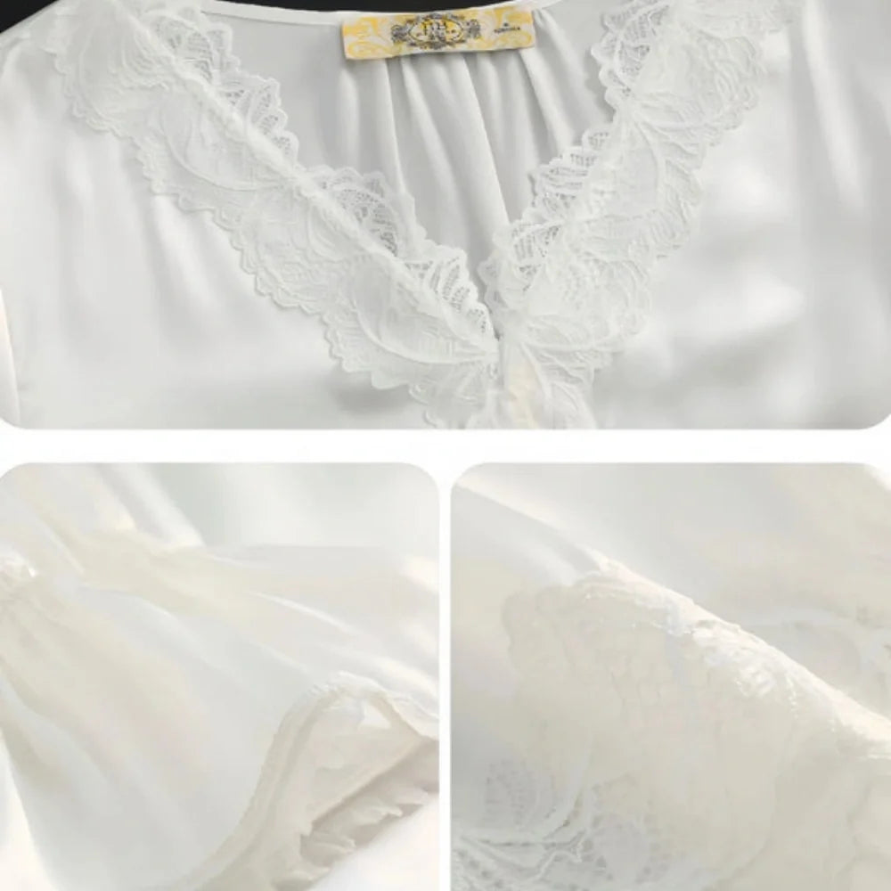 100% Mulberry Silk 19Momme V-Neck Midi Nightgown with Lace Trim and Flared Cuffs