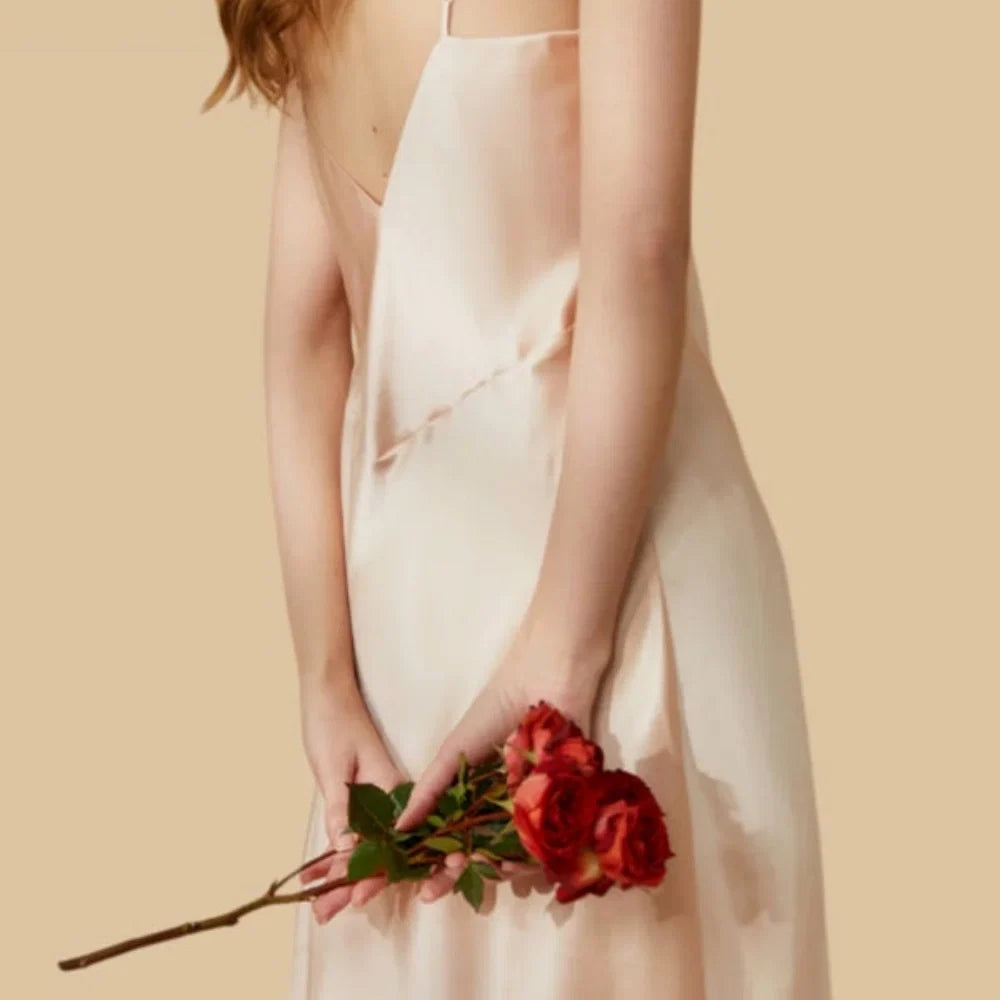 100% Mulberry Silk 19Momme V-Neck Spaghetti Strap Midi Nightgown with Backless Design