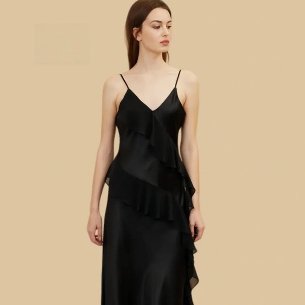 100% Mulberry Silk 19Momme V-Neck Spaghetti Strap Nightgown with Cascading Side Ruffle
