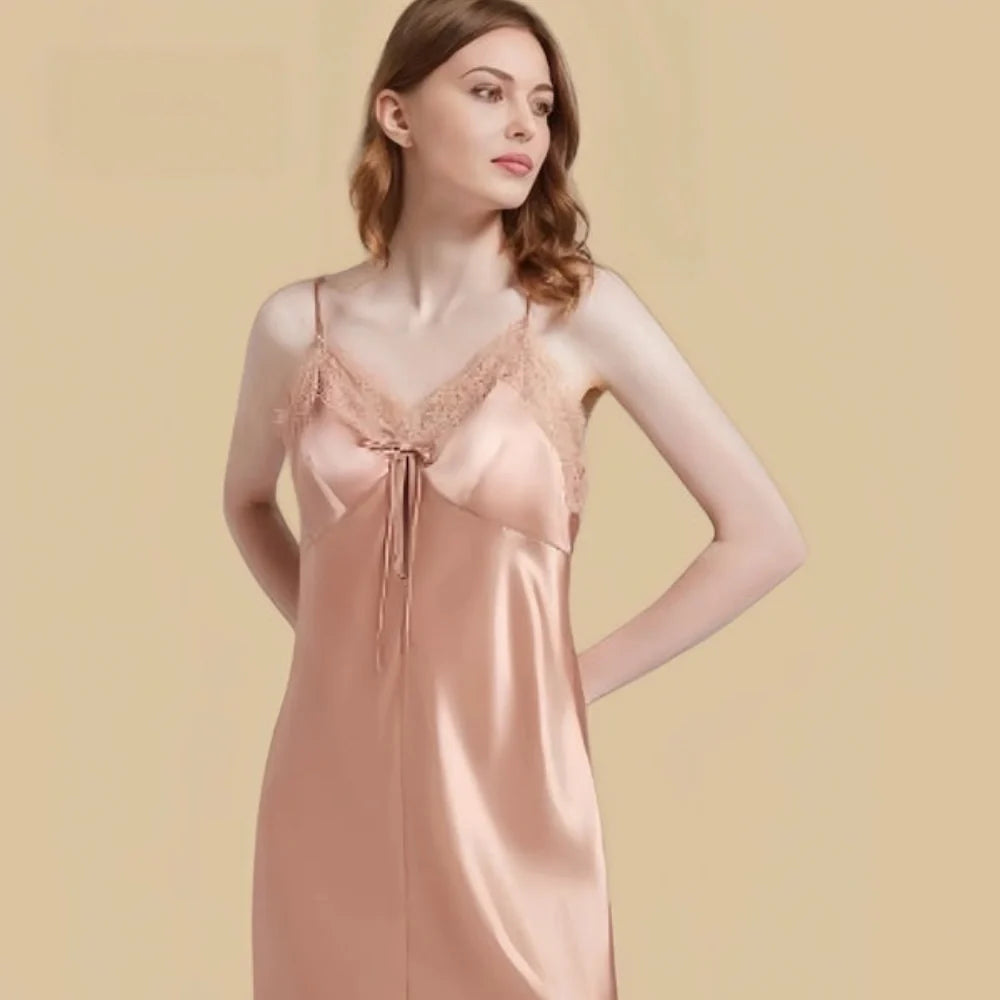 100% Mulberry Silk 19Momme V-Neck Spaghetti Strap Nightgown with Lace and Tie Design