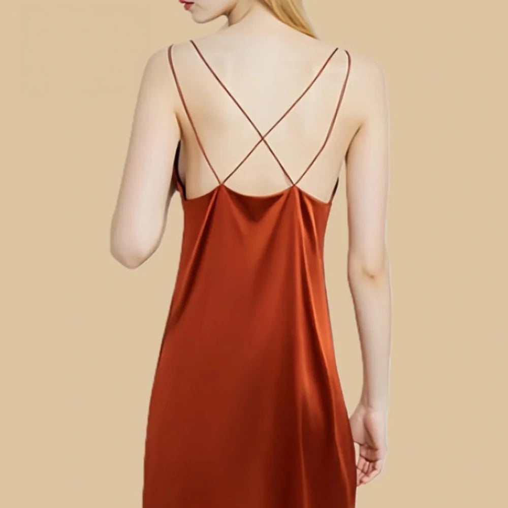 100% Mulberry Silk 19Momme V-Neck Spaghetti Strap Nightgown with Peacock Lace Hem Design