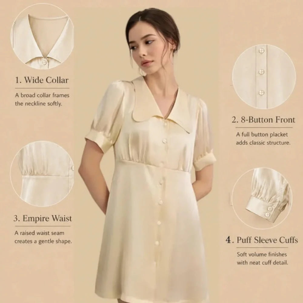 100% Mulberry Silk 19Momme Wide Collar Short Nightgown with Empire Waist