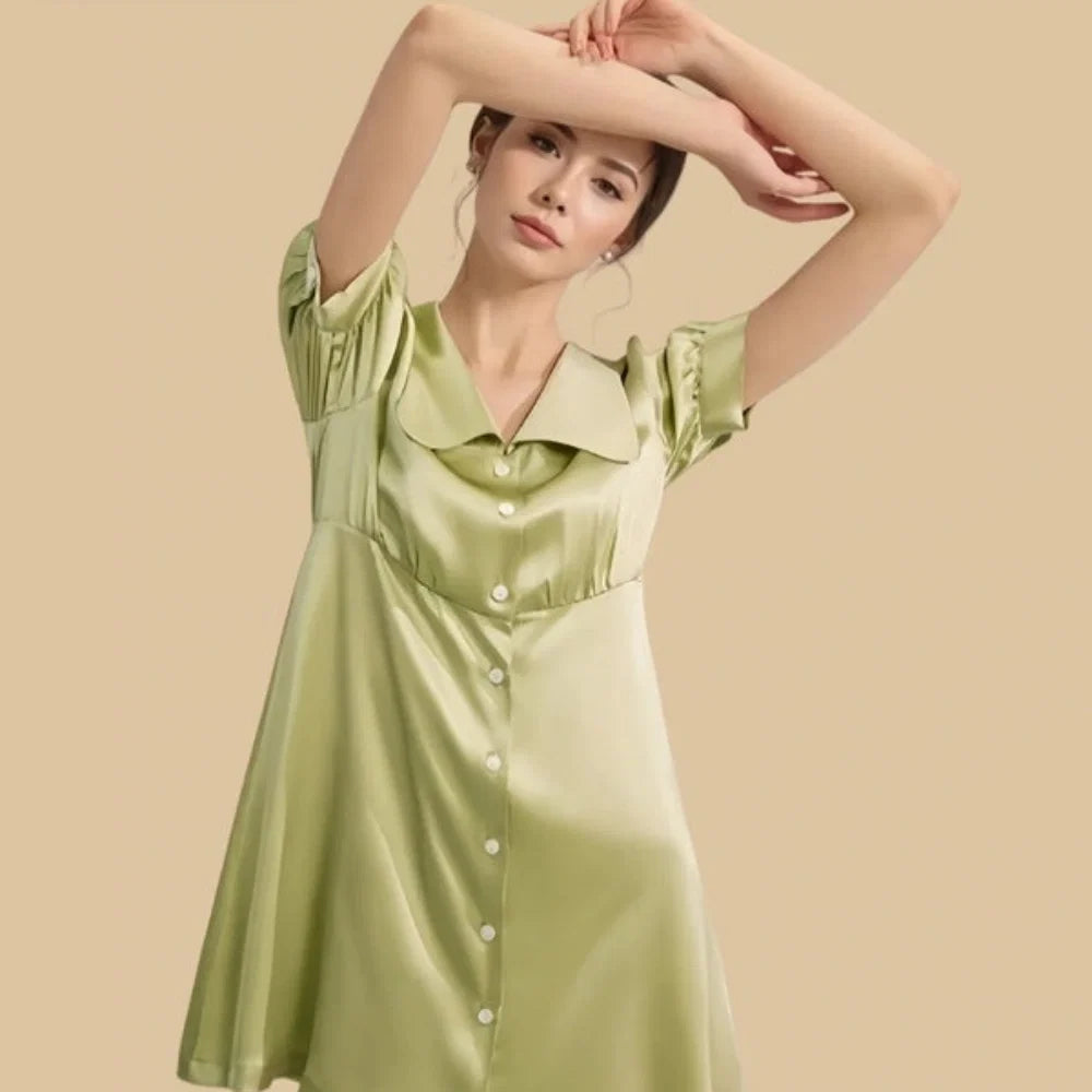 100% Mulberry Silk 19Momme Wide Collar Short Nightgown with Empire Waist