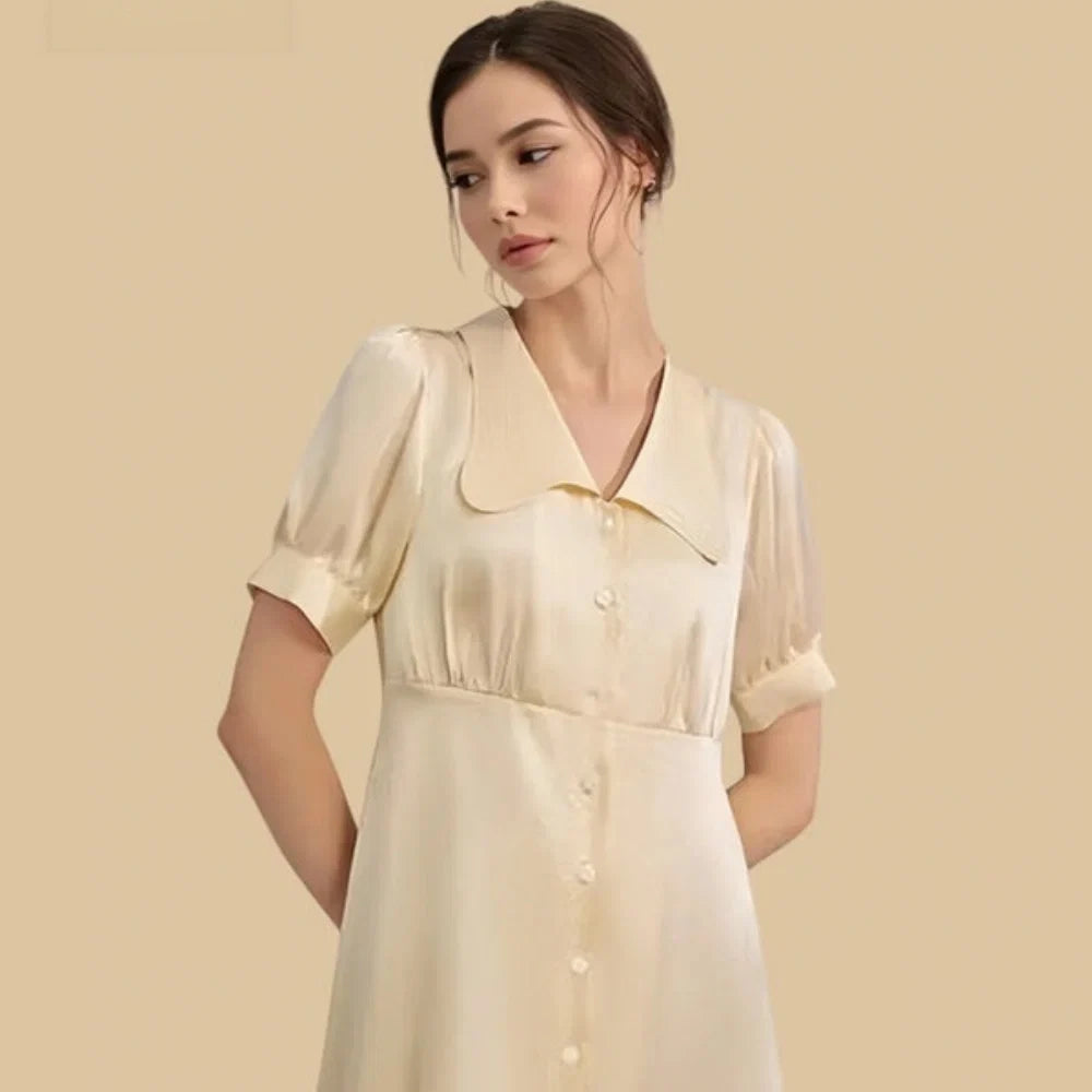 100% Mulberry Silk 19Momme Wide Collar Short Nightgown with Empire Waist