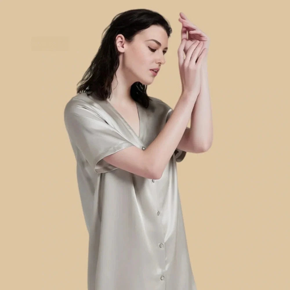 100% Mulberry Silk 19Momme Women V-Neck Short Nightshirt