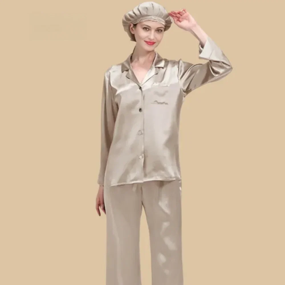 100% Mulberry Silk 22Momme Long Sleeve Button-Up Pajamas Set for Women