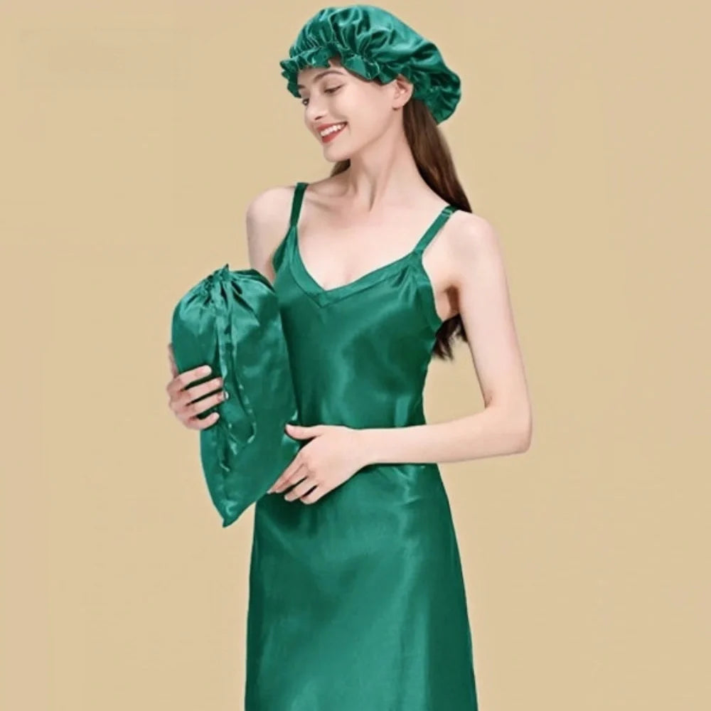 100% Mulberry Silk 22Momme V-Neck Spaghetti Strap Midi Nightgown
