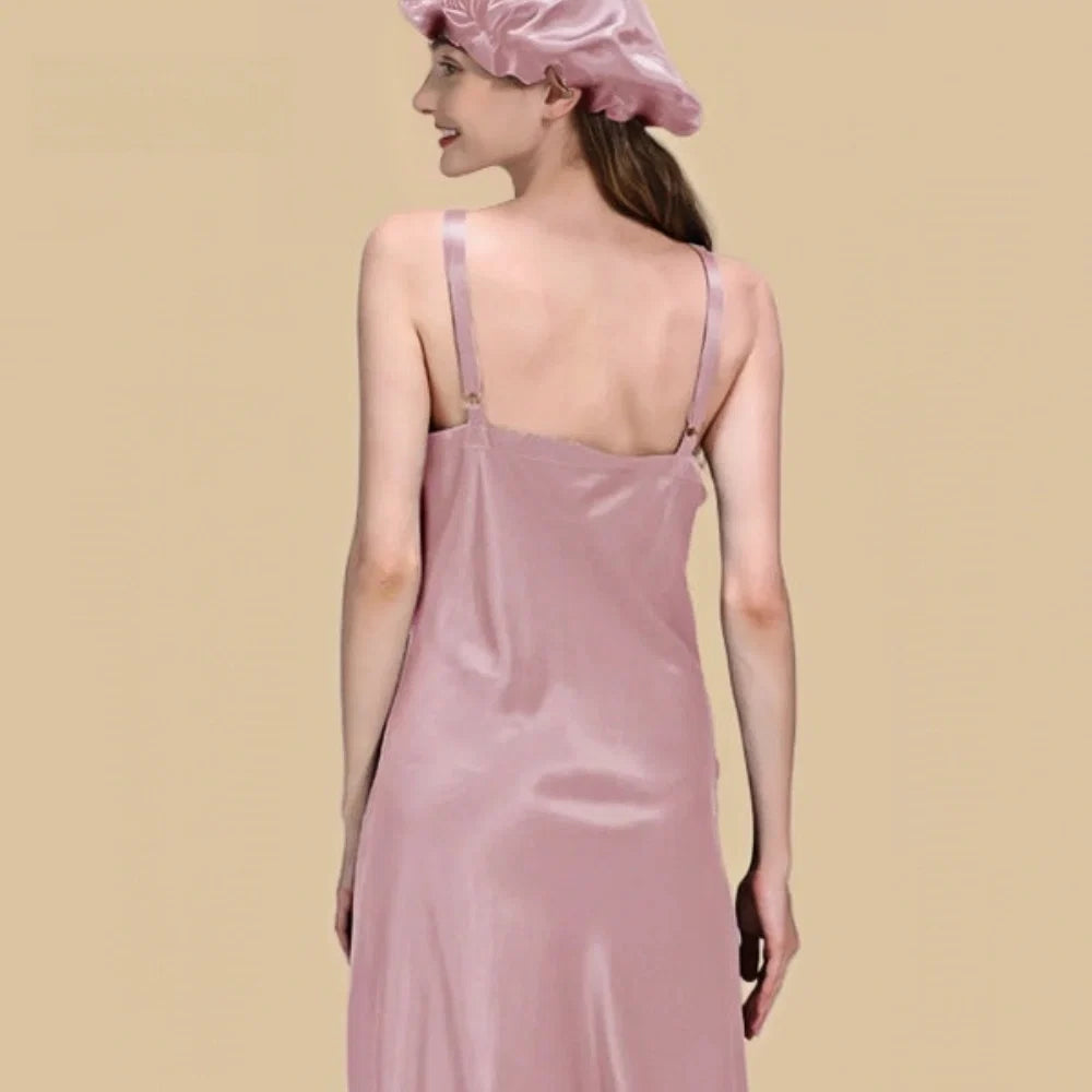 100% Mulberry Silk 22Momme V-Neck Spaghetti Strap Midi Nightgown