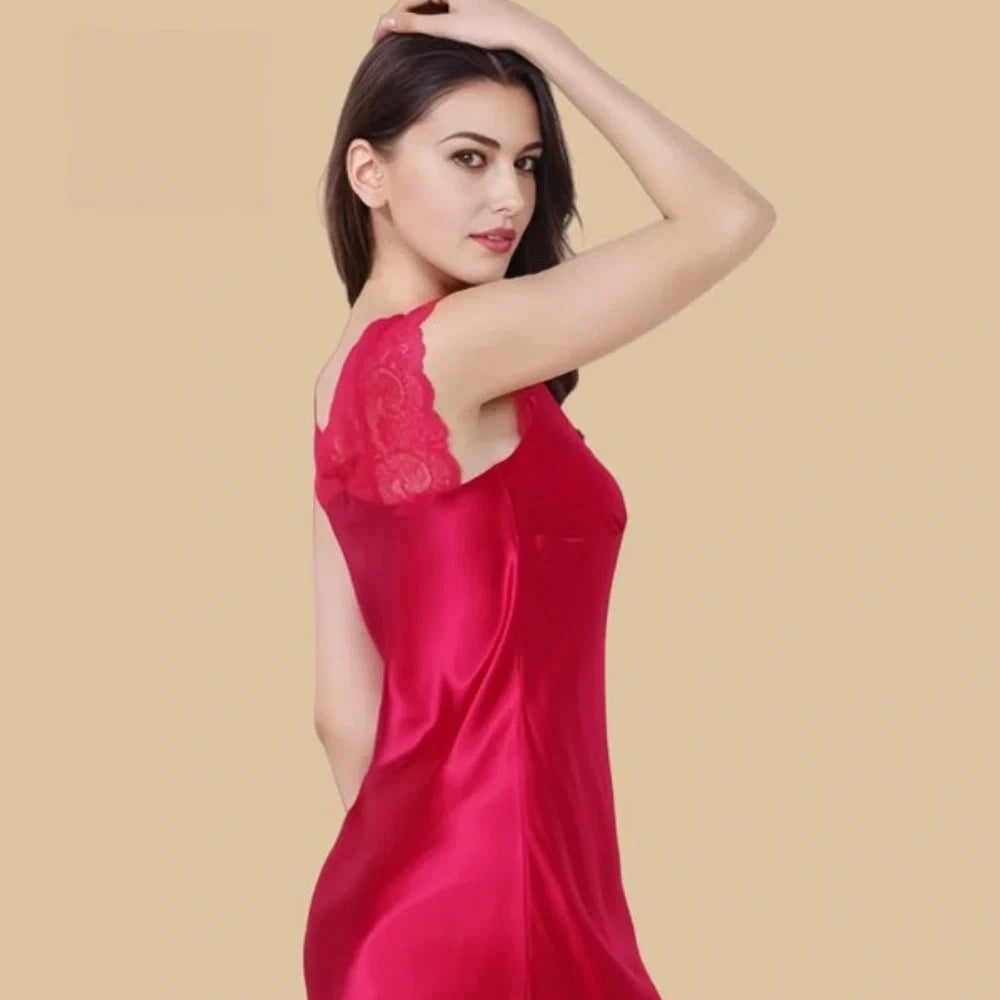 100% Mulberry Silk 16Momme Lace V-Neck and Wide Strap Women&