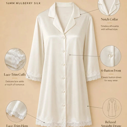 100% Mulberry Silk 16Momme Button Up Nightshirt with Lace Trim Design