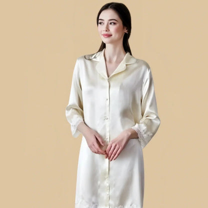 100% Mulberry Silk 16Momme Button Up Nightshirt with Lace Trim Design