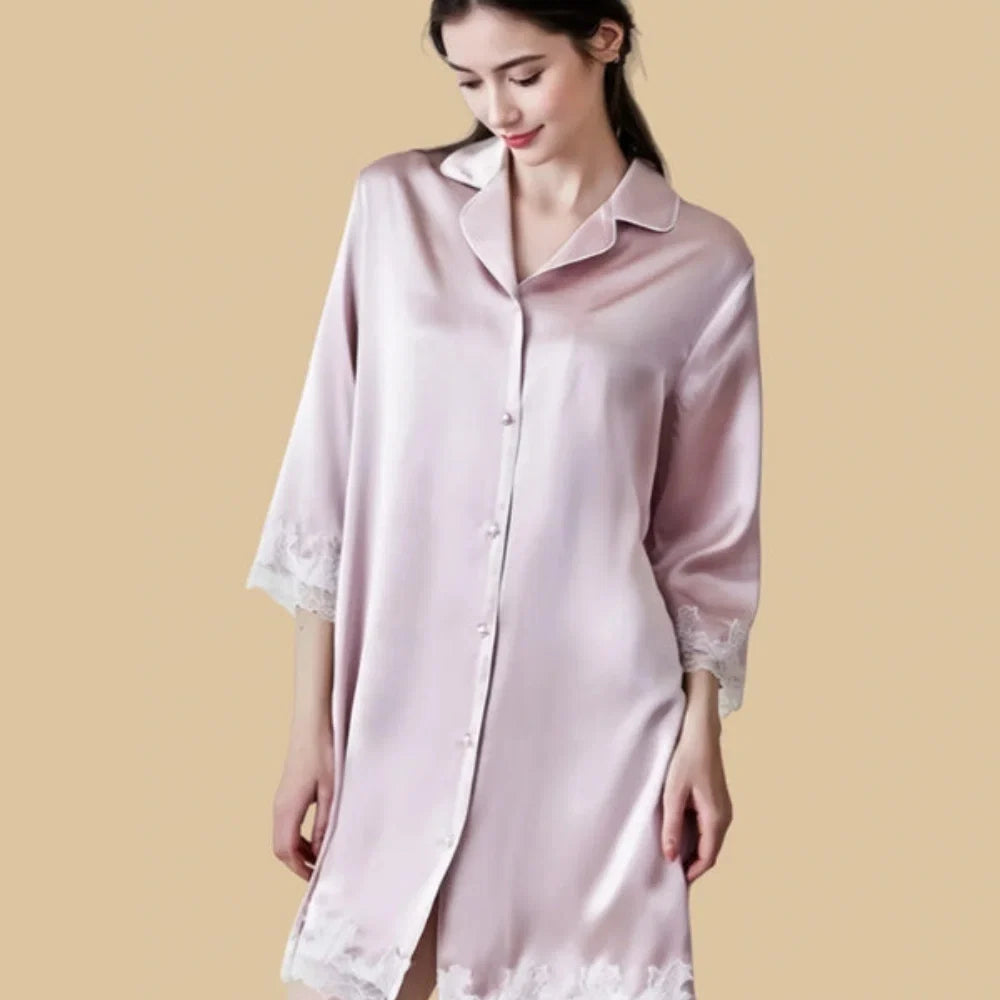 100% Mulberry Silk 16Momme Button Up Nightshirt with Lace Trim Design