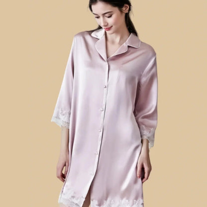 100% Mulberry Silk 16Momme Button Up Nightshirt with Lace Trim Design