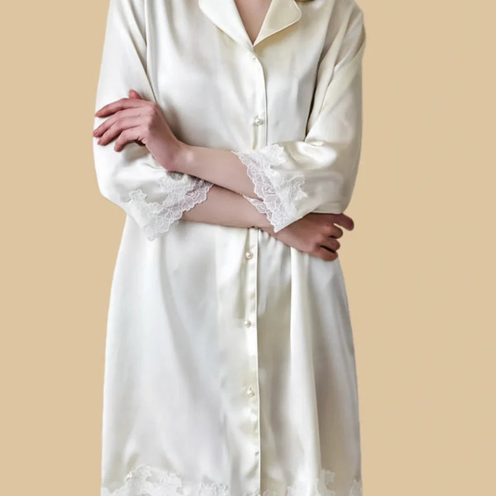 100% Mulberry Silk 16Momme Button Up Nightshirt with Lace Trim Design