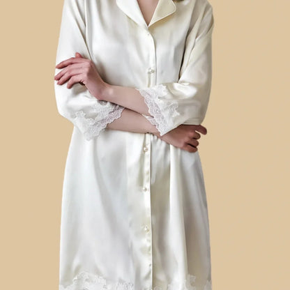 100% Mulberry Silk 16Momme Button Up Nightshirt with Lace Trim Design