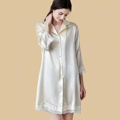 100% Mulberry Silk 16Momme Button Up Nightshirt with Lace Trim Design