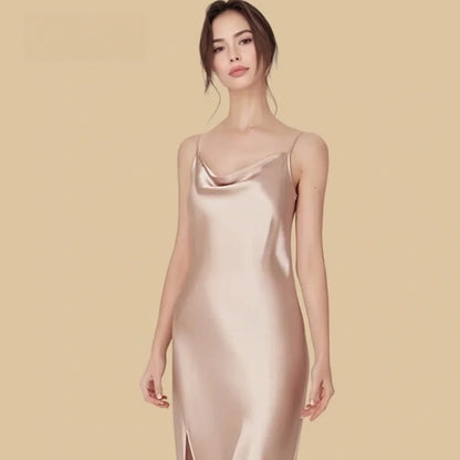 100% Mulberry Silk 16Momme Cowl Neck Spaghetti Strap Nightgown with Side Slit Design