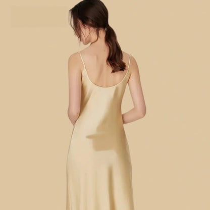 100% Mulberry Silk 16Momme Cowl Neck Spaghetti Strap Nightgown with Side Slit Design