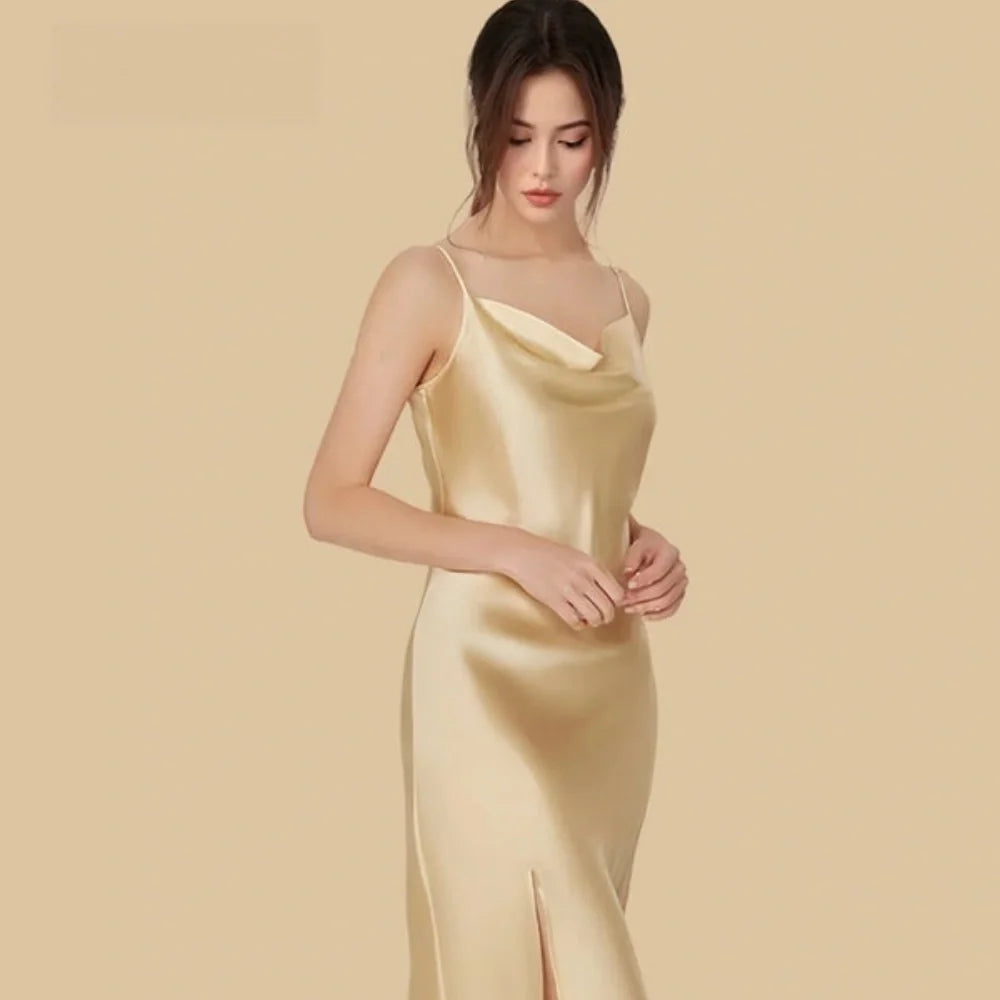 100% Mulberry Silk 16Momme Cowl Neck Spaghetti Strap Nightgown with Side Slit Design