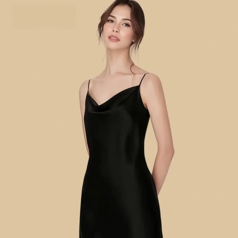 100% Mulberry Silk 16Momme Cowl Neck Spaghetti Strap Nightgown with Side Slit Design