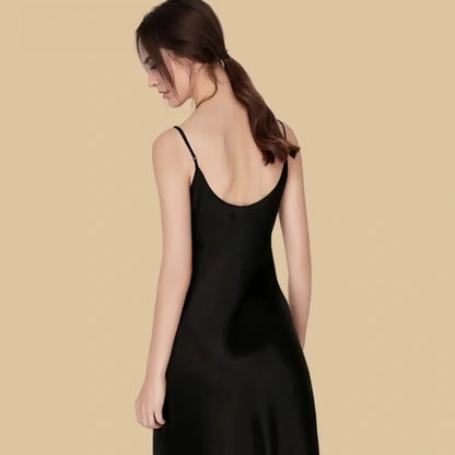 100% Mulberry Silk 16Momme Cowl Neck Spaghetti Strap Nightgown with Side Slit Design