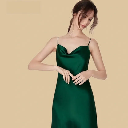 100% Mulberry Silk 16Momme Cowl Neck Spaghetti Strap Nightgown with Side Slit Design