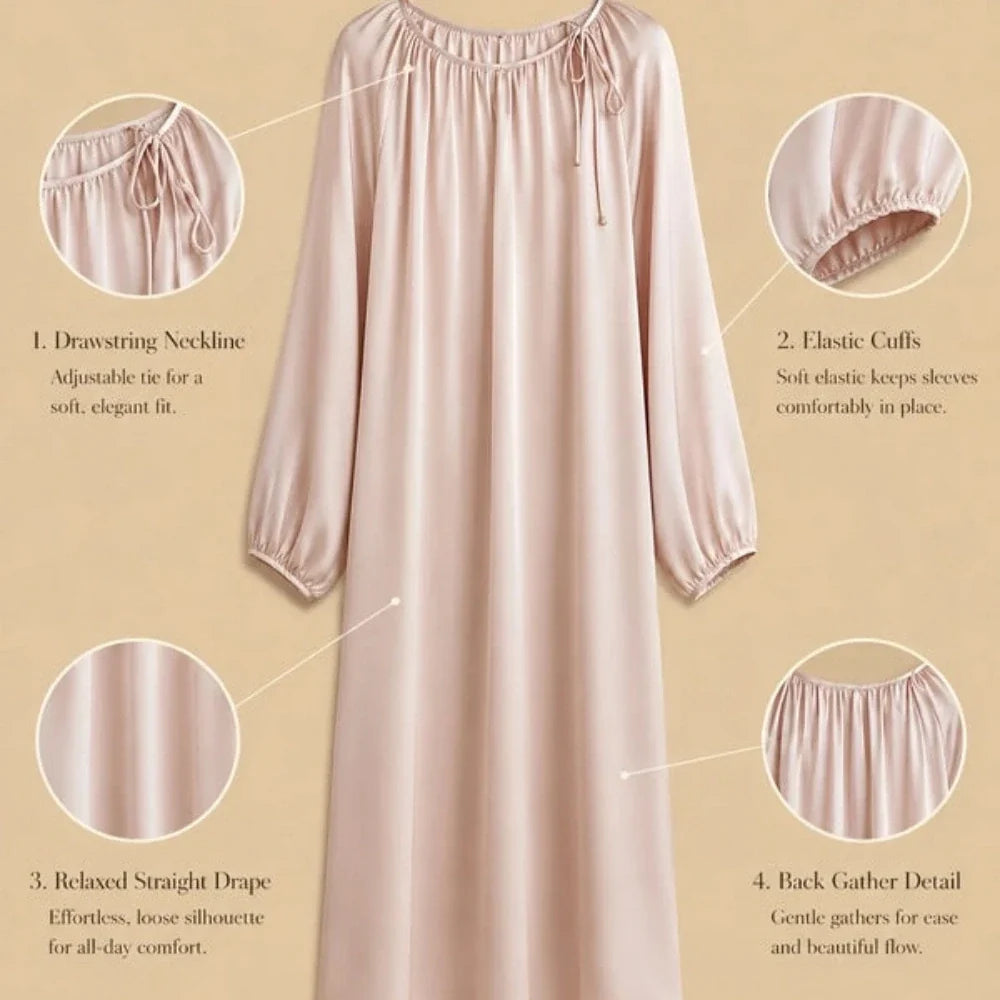 100% Mulberry Silk 16Momme Drawstring Neck Midi Nightgown with Long Sleeves