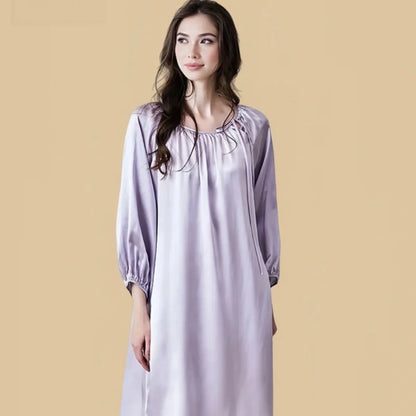 100% Mulberry Silk 16Momme Drawstring Neck Midi Nightgown with Long Sleeves