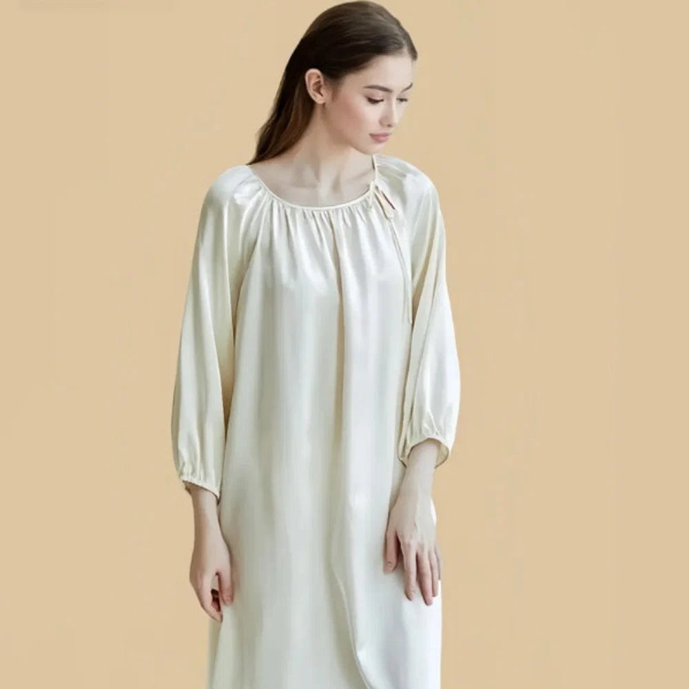 100% Mulberry Silk 16Momme Drawstring Neck Midi Nightgown with Long Sleeves