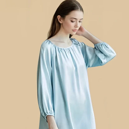 100% Mulberry Silk 16Momme Drawstring Neck Midi Nightgown with Long Sleeves