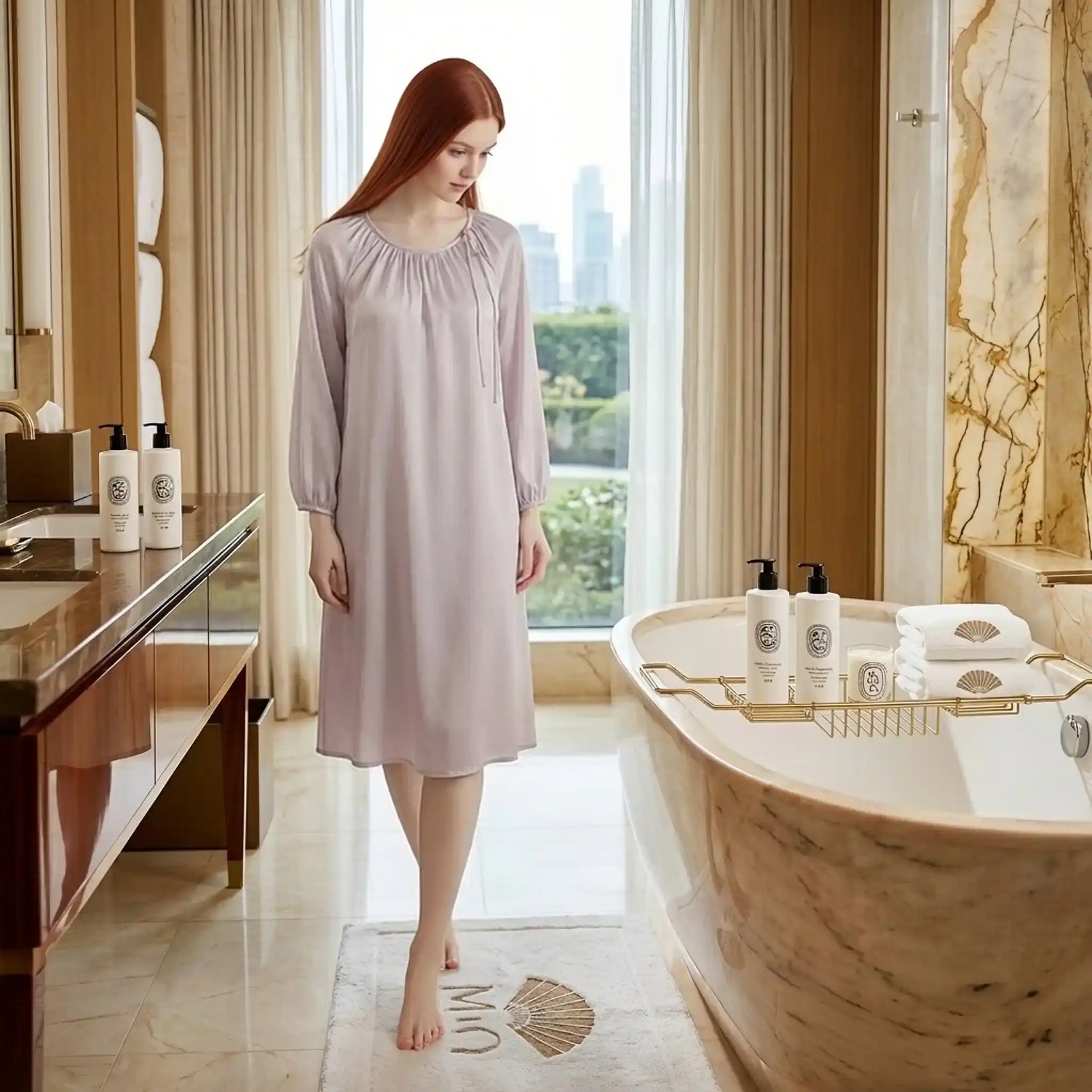 100% Mulberry Silk 16Momme Drawstring Neck Midi Nightgown with Long Sleeves