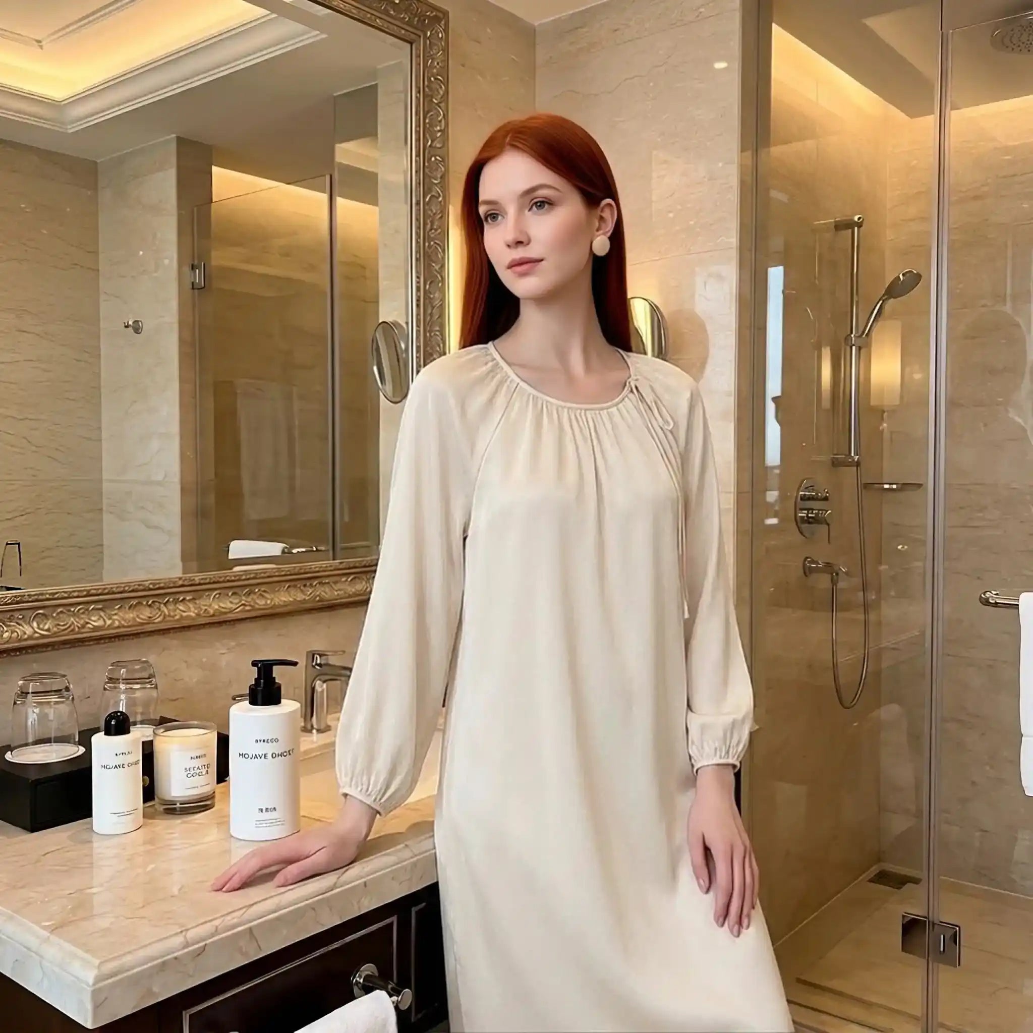100% Mulberry Silk 16Momme Drawstring Neck Midi Nightgown with Long Sleeves