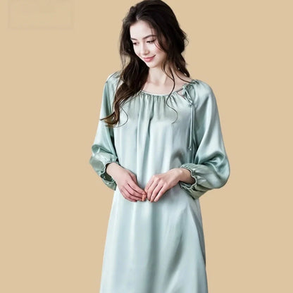 100% Mulberry Silk 16Momme Drawstring Neck Midi Nightgown with Long Sleeves