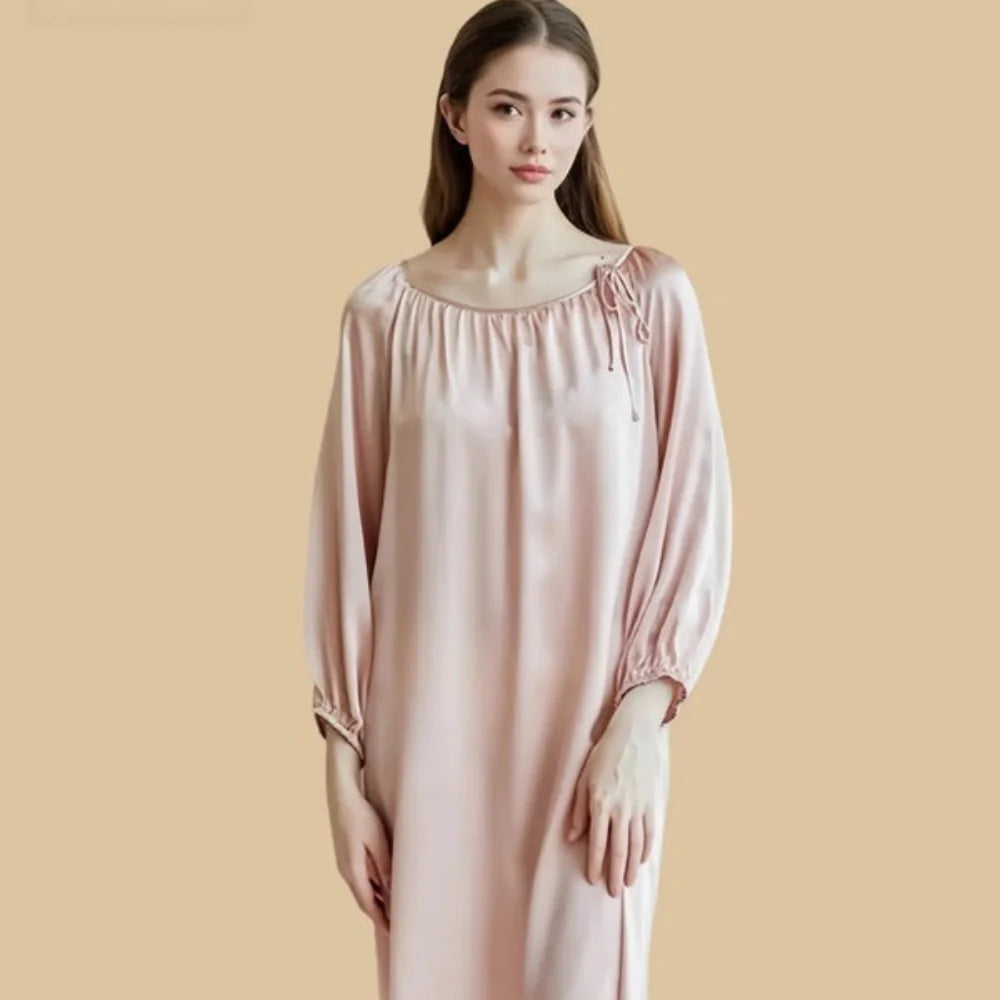 100% Mulberry Silk 16Momme Drawstring Neck Midi Nightgown with Long Sleeves