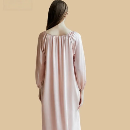 100% Mulberry Silk 16Momme Drawstring Neck Midi Nightgown with Long Sleeves