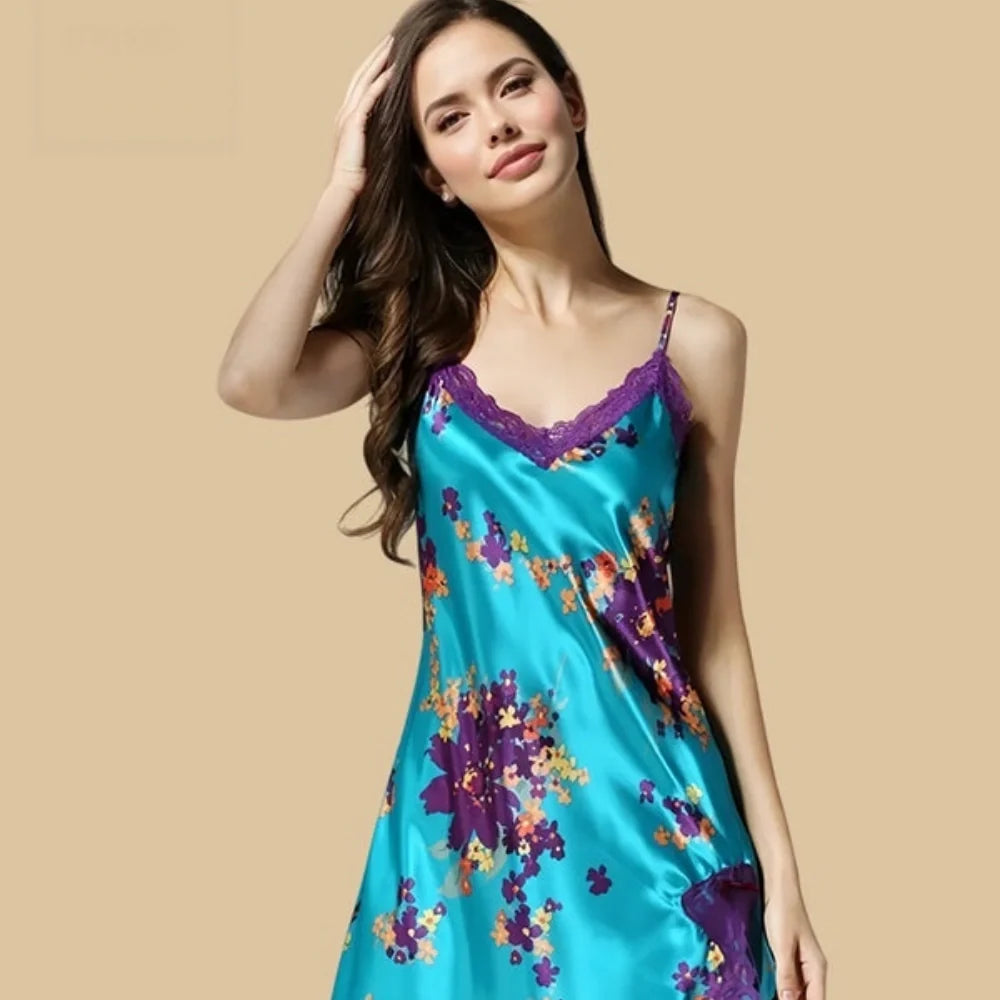 100% Mulberry Silk 16Momme Floral Print Spaghetti Strap Nightgown with Lace Trim Design