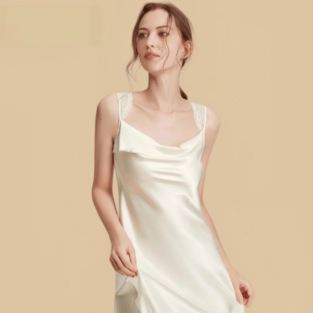 100% Mulberry Silk 16Momme Lace Strap Cowl Neck Nightgown