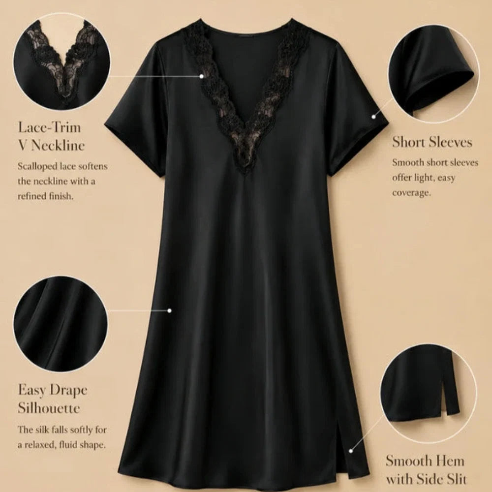 100% Mulberry Silk 16Momme Lace V-neck Short Nightgown with Side Slit Design