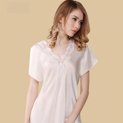 100% Mulberry Silk 16Momme Lace V-neck Short Nightgown with Side Slit Design