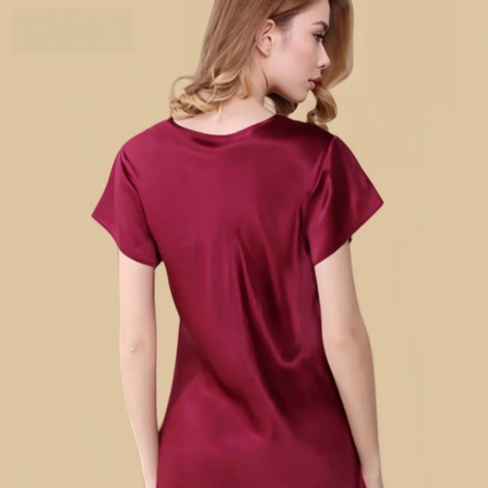 100% Mulberry Silk 16Momme Lace V-neck Short Nightgown with Side Slit Design