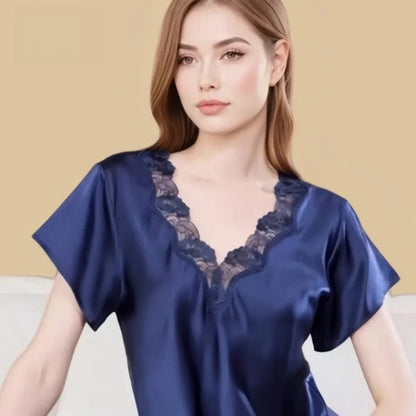 100% Mulberry Silk 16Momme Lace V-neck Short Nightgown with Side Slit Design