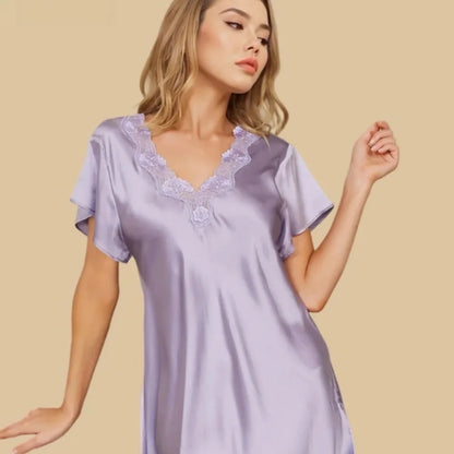 100% Mulberry Silk 16Momme Lace V-neck Short Nightgown with Side Slit Design